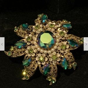 Vintage Huge Layered Filigree Flower Green Marquis Czech Glass Pendant Brooch
